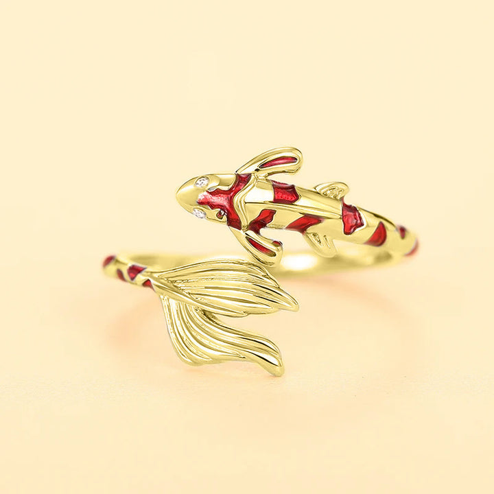 Lucky Koi Fish Open Wrap Ring Red Enamel Fish Statement Ring Sterling Silver Ring Two Tone Adjustable Animal Ring For Women Japanese Style Luck Jewelry Gift