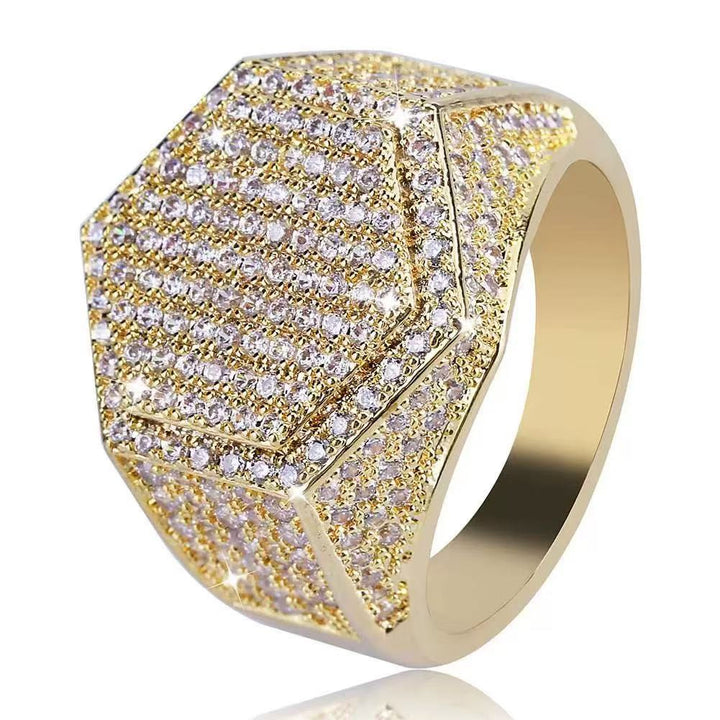 Hexagon Full‑Pave Diamond Wide Band Men Ring Hip‑Hop Heavy‑Set Shiny Diamond Ring