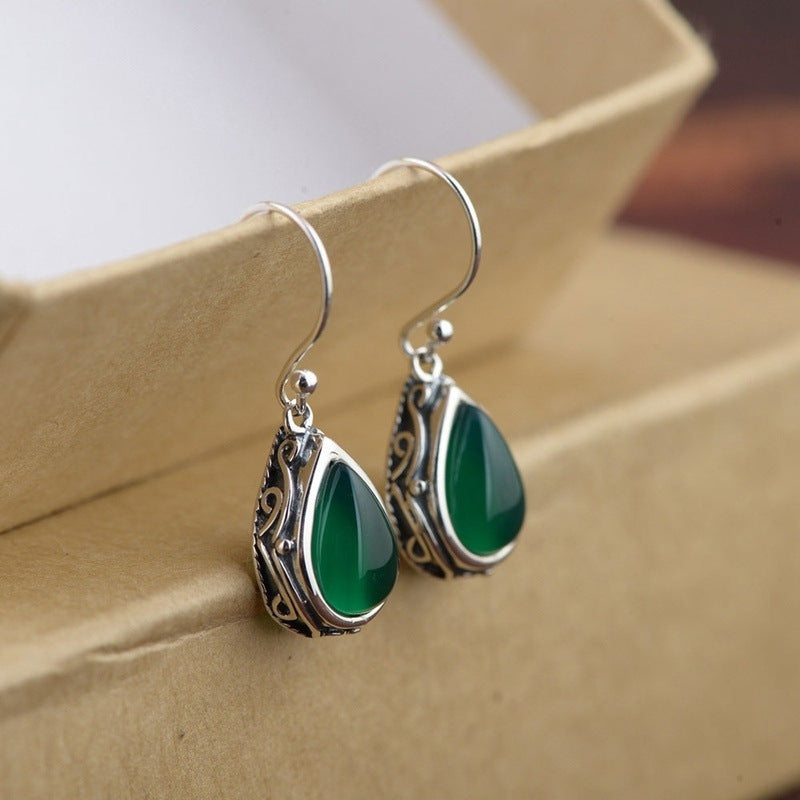 Vintage Teardrop Gem Dangle Earrings For Women Retro Carved Pattern Drop Ear Jewelry