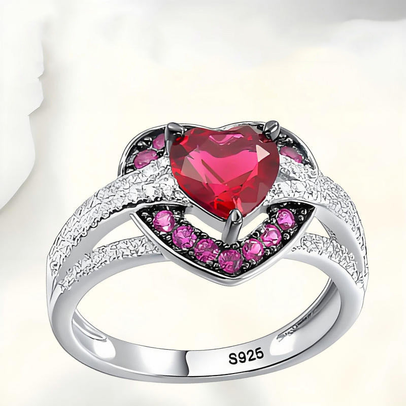 Heart‑Shaped Ruby Center Stone S925 Sterling Silver Ring, Pave‑Set Pink Gemstone & Diamond Band