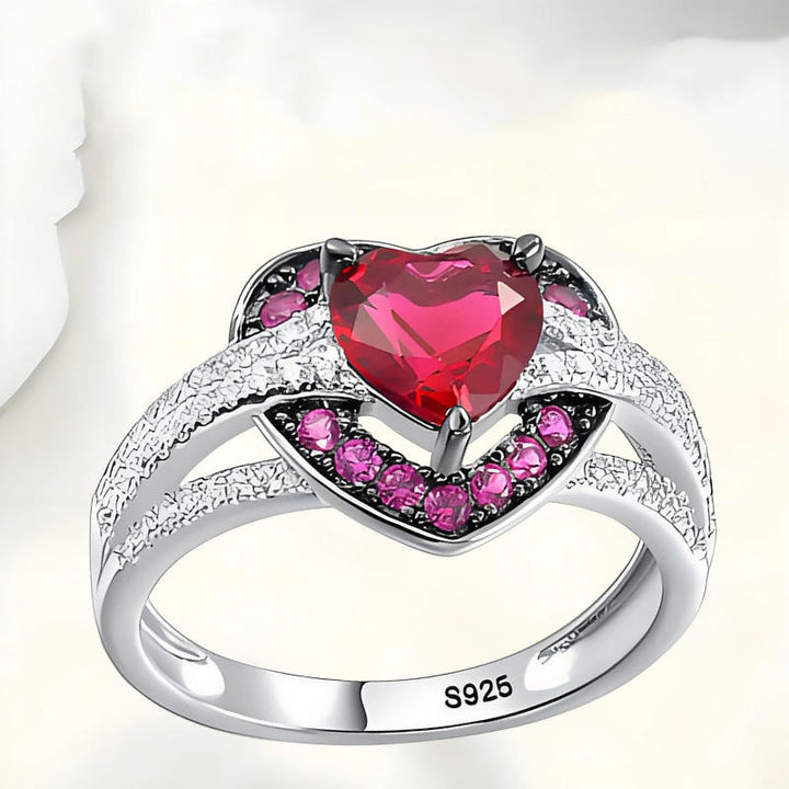 Heart‑Shaped Ruby Center Stone S925 Sterling Silver Ring, Pave‑Set Pink Gemstone & Diamond Band
