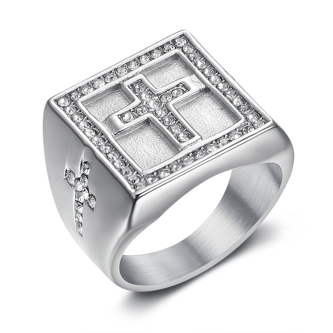 Square Cross Jewelry Signet Ring For Men Inlaid Diamond Two Tone Statement Ring
