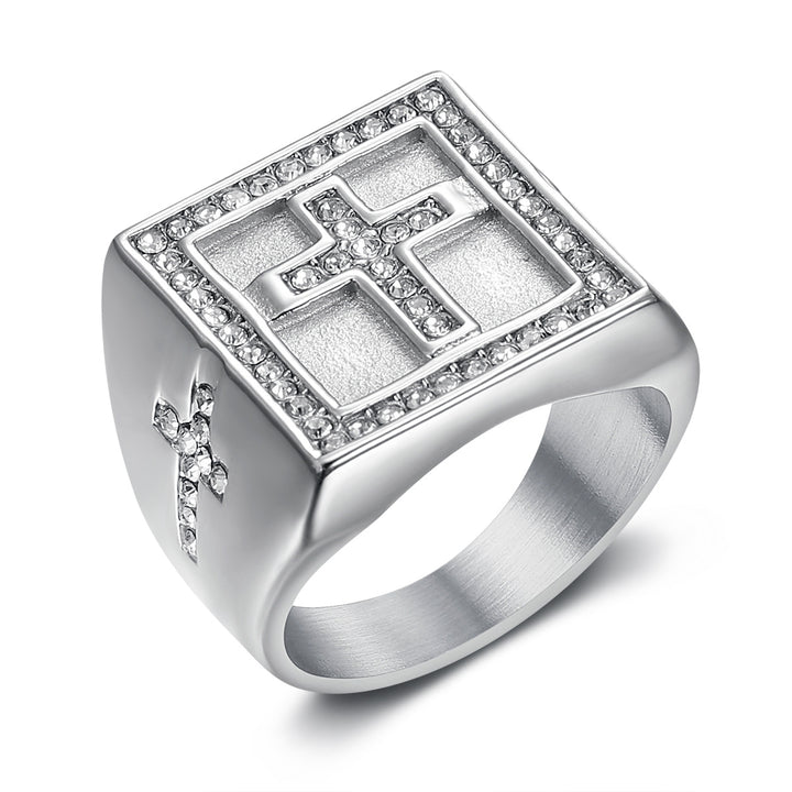 Square Cross Jewelry Signet Ring For Men Inlaid Diamond Two Tone Statement Ring