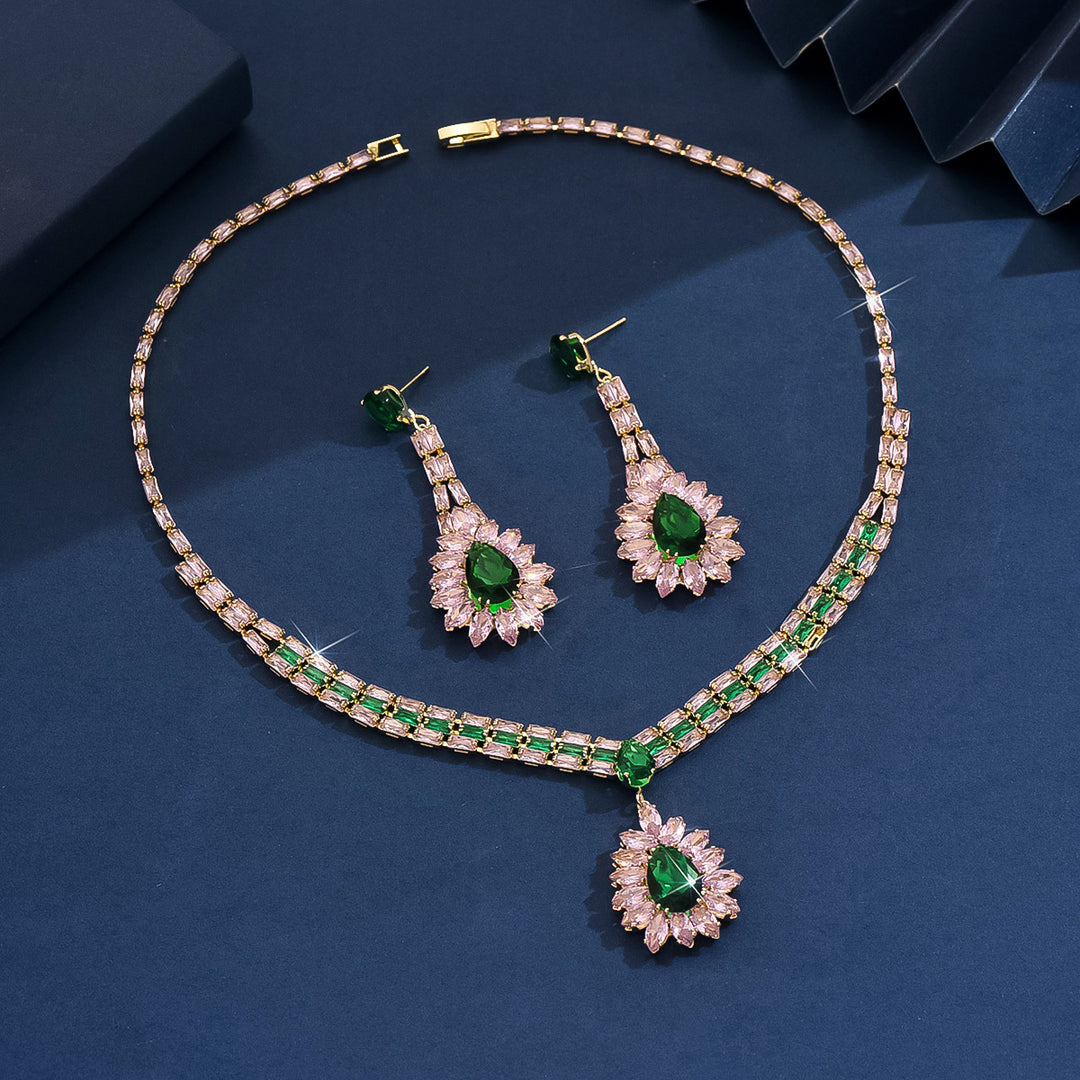 Luxury Water Drop Gem Jewelry Set Pink Green Diamond Statement Necklace And Drop Earring Set For Women Formal Party Wedding