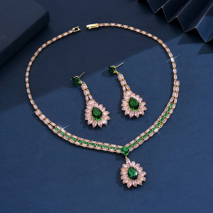 Luxury Water Drop Gem Jewelry Set Pink Green Diamond Statement Necklace And Drop Earring Set For Women Formal Party Wedding