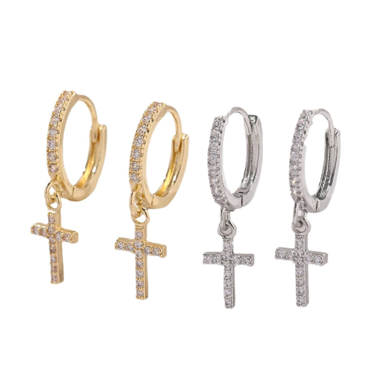 Pavé Hoop Cross Charm Huggie Earrings S925 Silver Post Trendy Women Diamond Drop Earrings