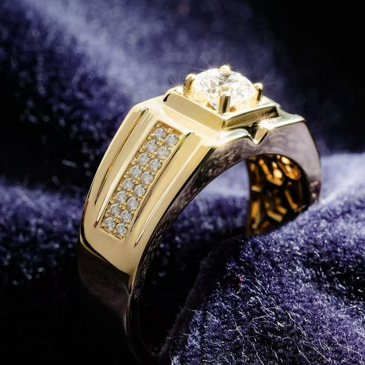 Men's Round Diamond Signet Ring 14K Gold Finish Wide Band Solitaire Engagement Wedding Ring for Him