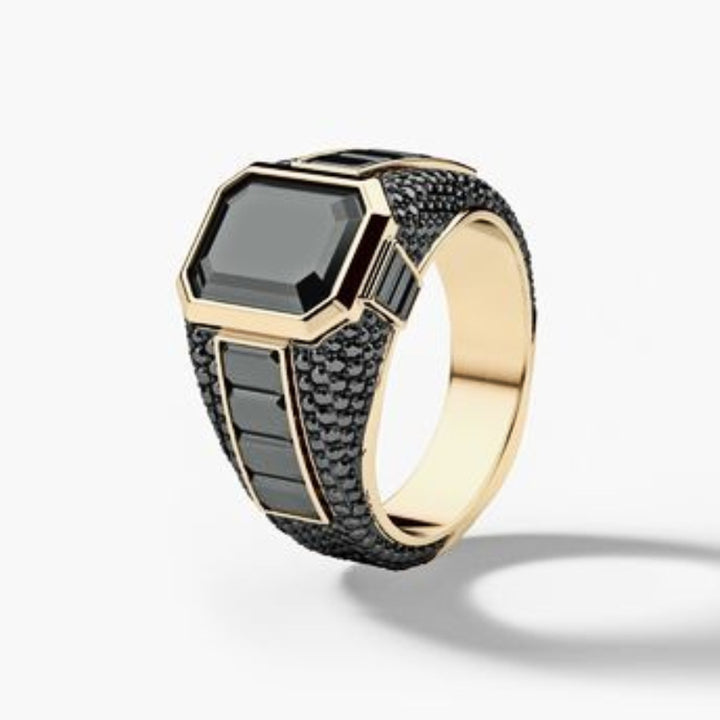 Square Obsidian Wide‑Band Men Statement Ring, Heavy‑Duty Geometric Paved Band