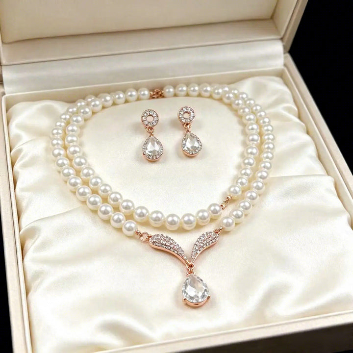 Elegant Bridal Pearl Jewelry Set Necklace And Drop Earrings For Wedding Evening Party