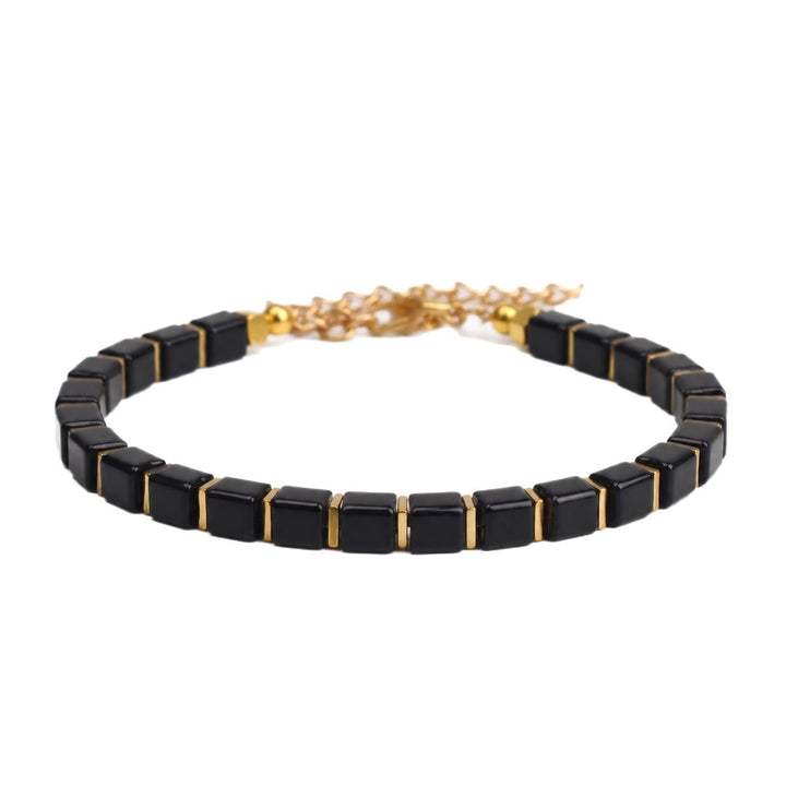 Black Square Obsidian Bead Bracelet Minimalist Premium Unisex Stackable Wrist Band