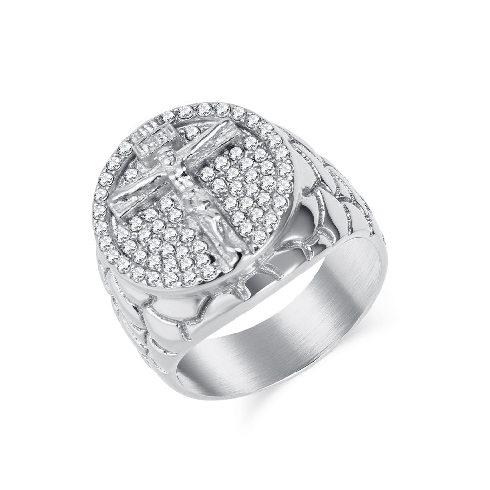 Round Cross Jesus Full Diamond Men Ring Hip Hop Retro Faith Statement Ring