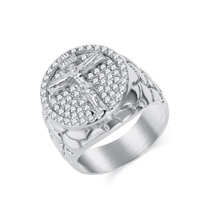 Round Cross Jesus Full Diamond Men Ring Hip Hop Retro Faith Statement Ring