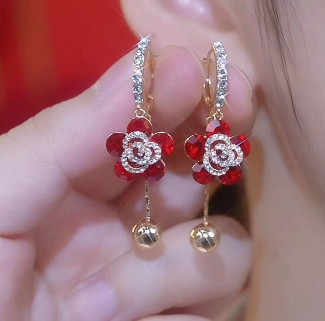 Red Flower Drop Earrings Women Rose Gold Leverback Ball Dangle Wedding Party Jewelry Gift