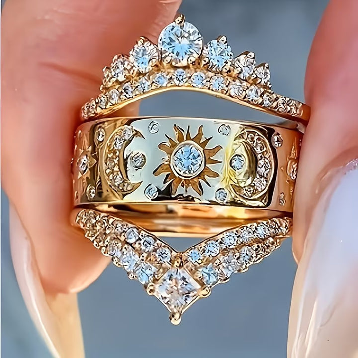 Sun Moon Celestial 3 Piece Stackable Ring Set Women V Shape Pave Diamond Chevron Midi Ring