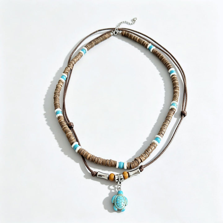 Men's Layered Beaded Necklace Natural Wood Turquoise Tiger Eye Leather Cord Pendant Necklace