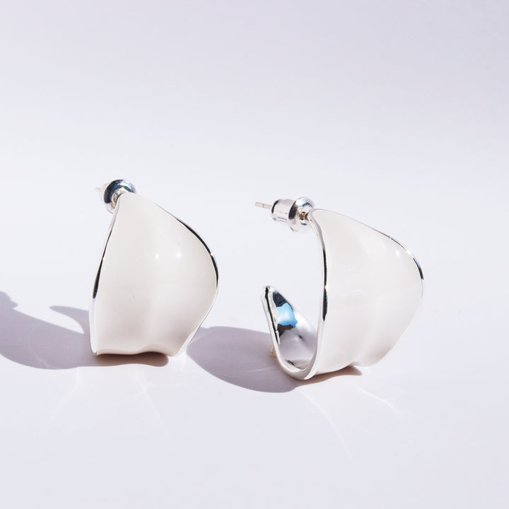 Sterling Silver Post Enamel CHoop Earrings Artistic Irregular Curved Hoops Angola Red And White Premium Jewelry