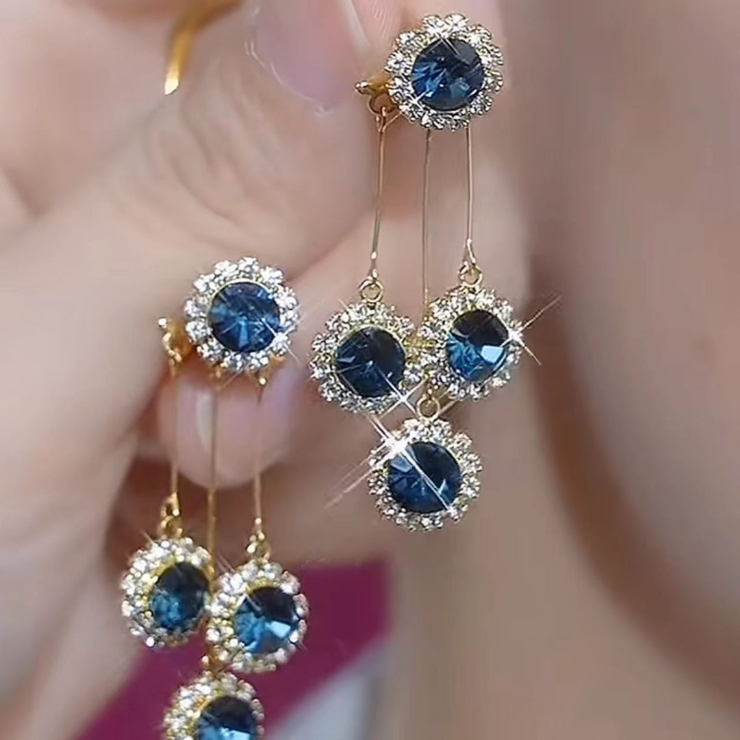 Vintage Blue Diamond Tassel Drop Earrings Women Long Halo Cluster Gold Royal Evening Earrings