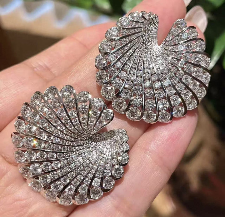 Fan‑Shaped Color Gemstone Paved Diamond Earrings Retro Gorgeous Large Statement Studs