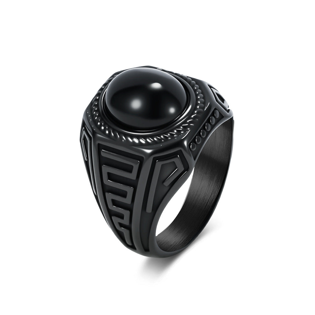 Men Vintage Signet Ring Geometric Pattern Statement Ring Inlaid Round Black Gemstone Retro Engraved Band Daily Punk Fashion Jewelry Gift