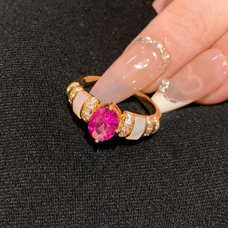 Oval Pink Purple Diamond Ring Women Rose Gold Enamel Floral Luxury Jewelry Gift
