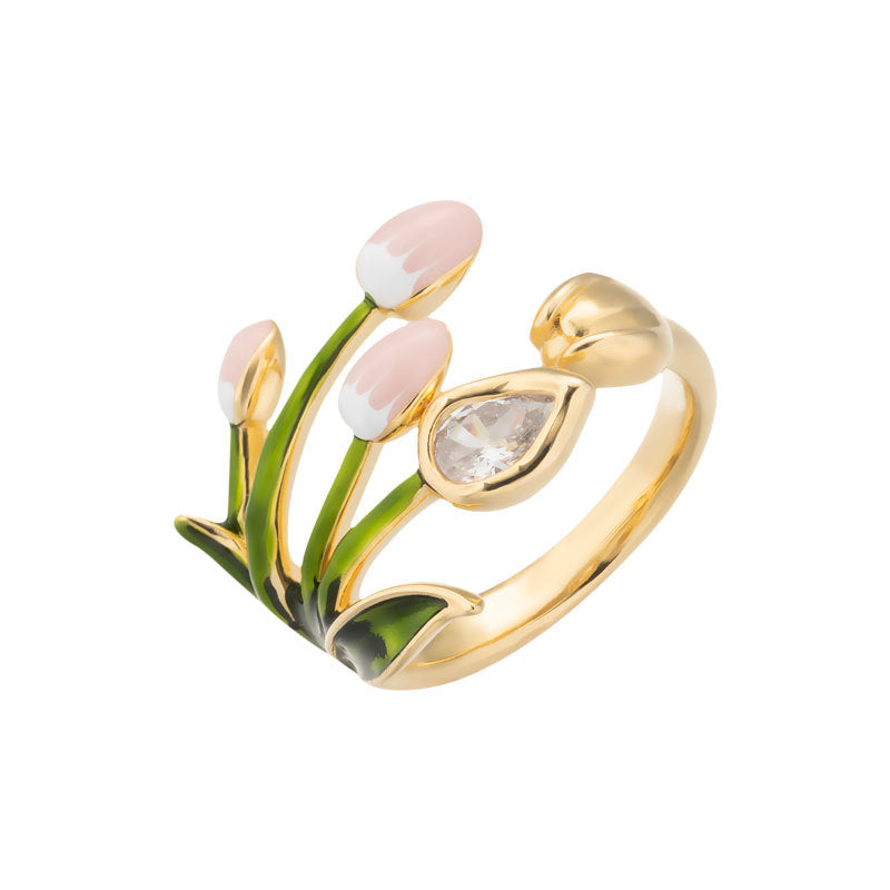 Enamel Tulip Flower Open Ring Women Green Stem Pink Bud Botanical Diamond Statement Ring
