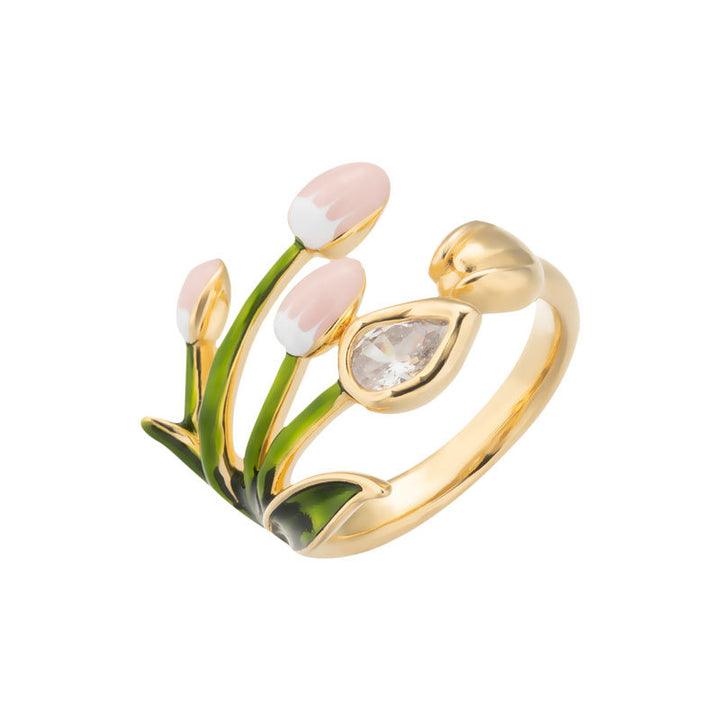 Enamel Tulip Flower Open Ring Women Green Stem Pink Bud Botanical Diamond Statement Ring