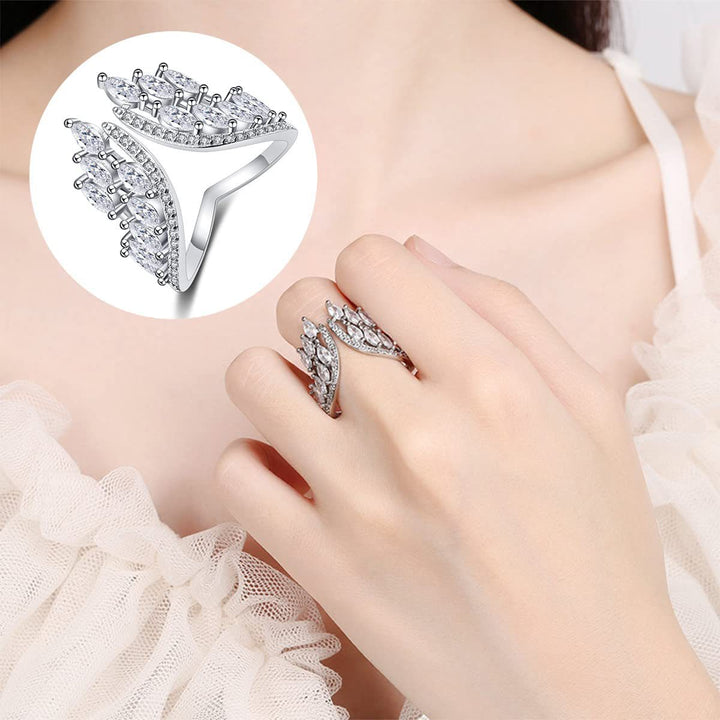 Angel Wing Marquise Diamond Chevron Ring and Cuff Bracelet Set Women Leaf Branch Jewelry Set