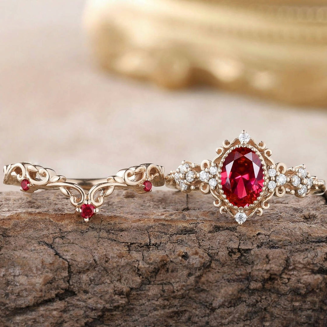 Oval Ruby Red Diamond Vintage Court Lace Ring Women Rhombus Filigree Cocktail Ring