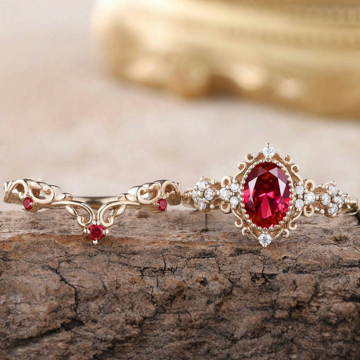Oval Ruby Red Diamond Vintage Court Lace Ring Women Rhombus Filigree Cocktail Ring
