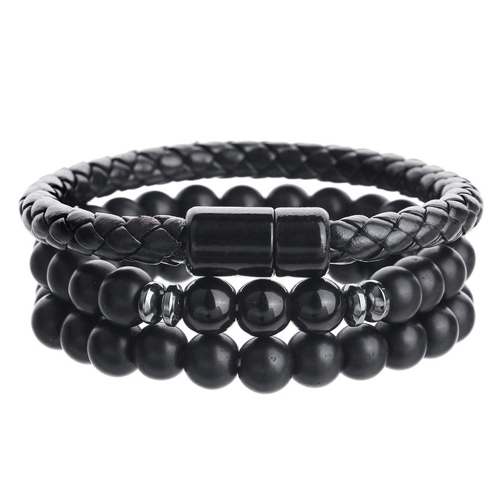 Men Multi Layer Stacked Bracelet Set Braided Leather Natural Stone Bead Wristband Classic Minimalist Statement Hand Jewelry