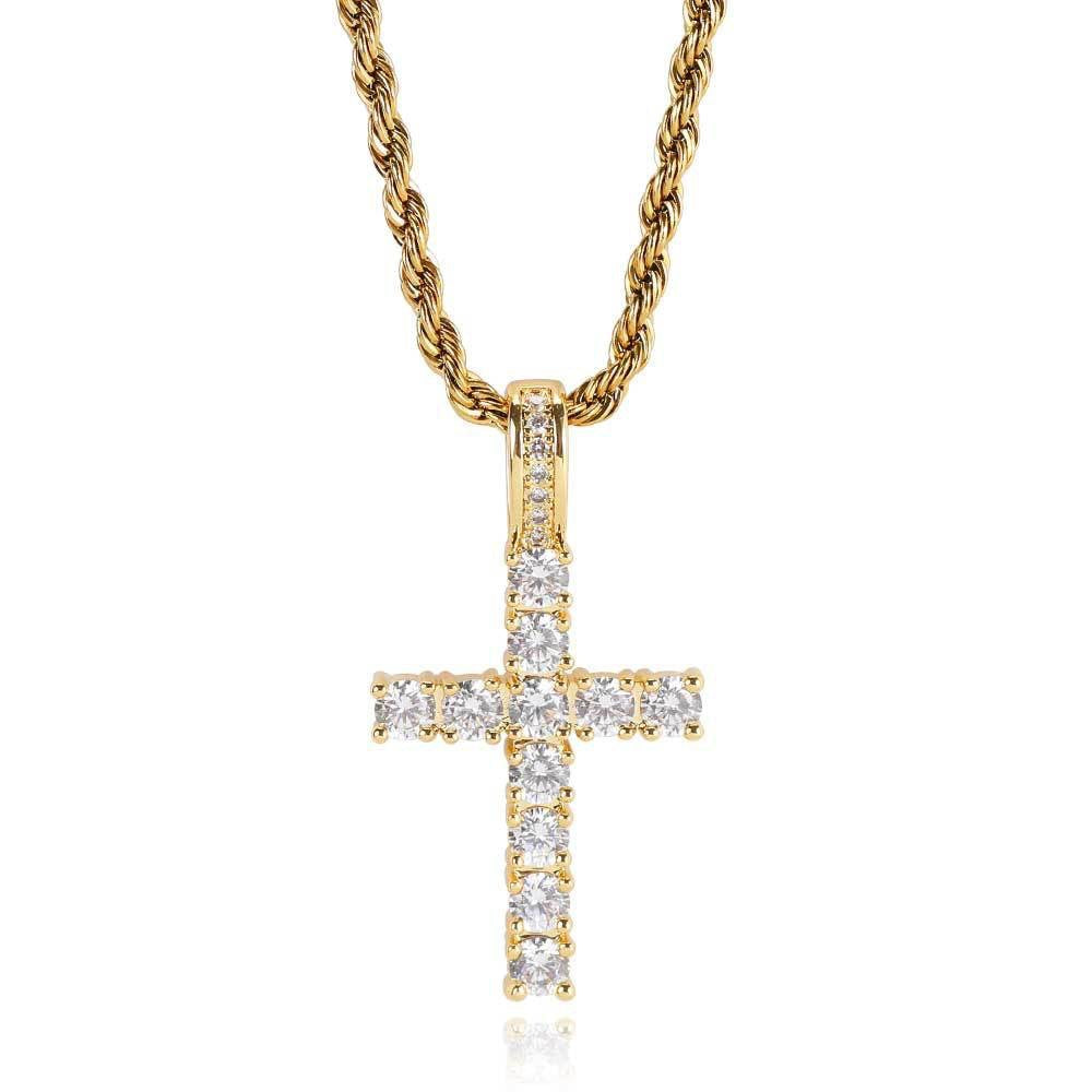 Hip‑Hop Full‑Paved Diamond Cross Pendant Necklace, Retro Rope Chain Unisex Choker