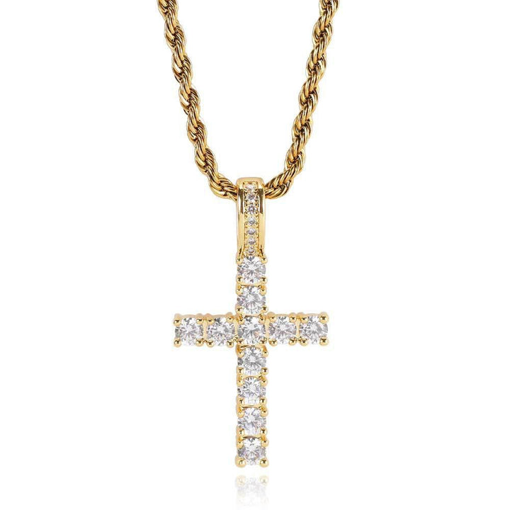Hip‑Hop Full‑Paved Diamond Cross Pendant Necklace, Retro Rope Chain Unisex Choker
