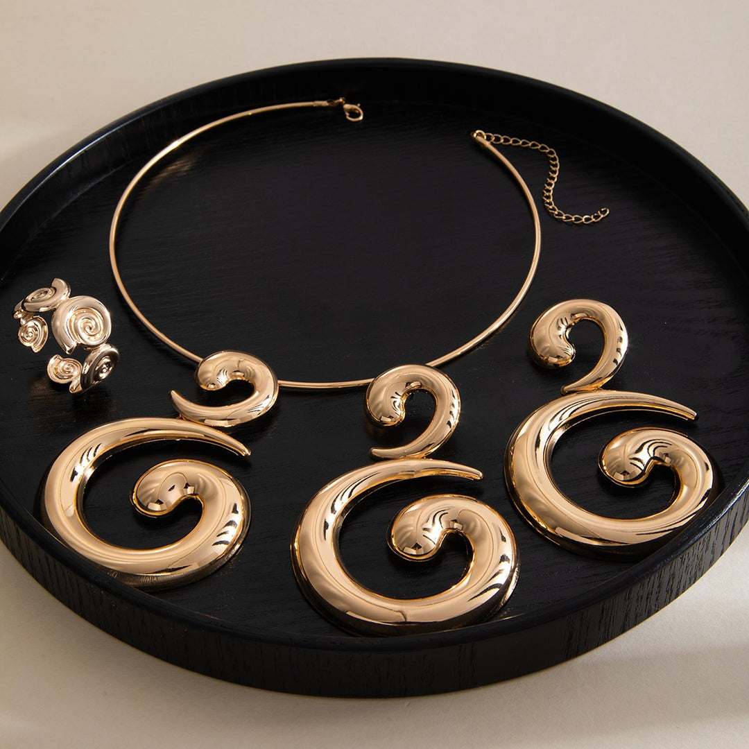 Abstract Spiral Jewelry Set Statement Necklace Earrings Open Ring 3 Pieces Set