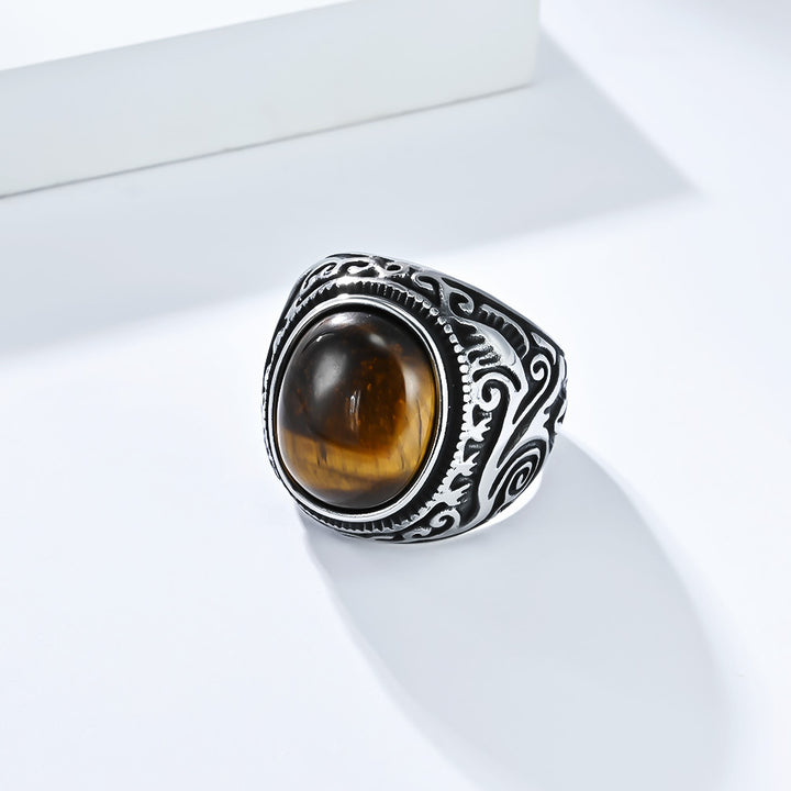 Vintage Carved Tiger‑Eye Titanium Steel Men’s Ring Two‑Tone Wide‑Band Signet Ring