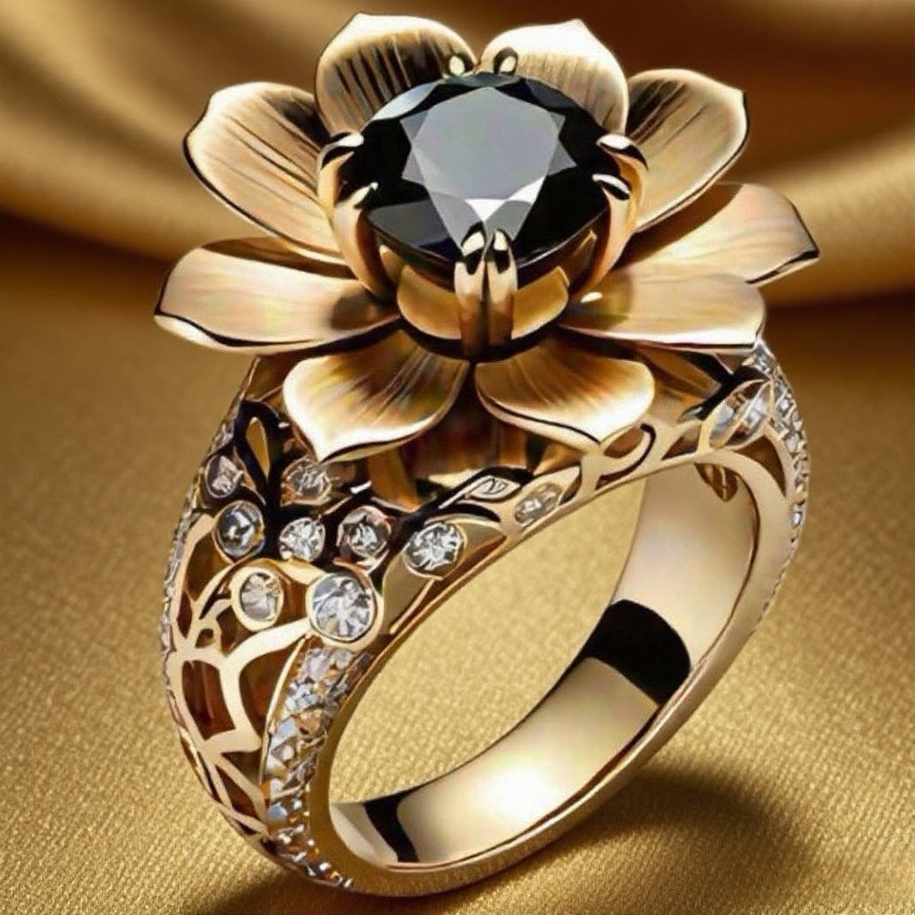 Black Obsidian Flower Ring Women Gold Openwork Carved Diamond Luxury Statement Jewelry