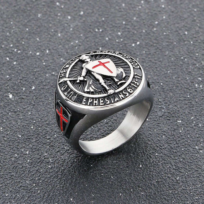 Knights Templar Armor Of God Signet Ring For Men Vintage Cross Engraved Titanium Steel Statement Ring