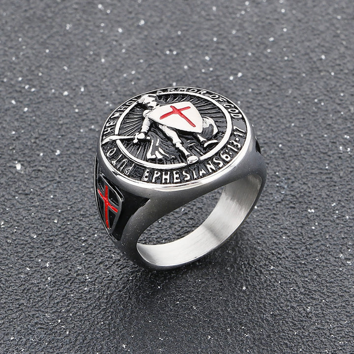 Knights Templar Armor Of God Signet Ring For Men Vintage Cross Engraved Titanium Steel Statement Ring
