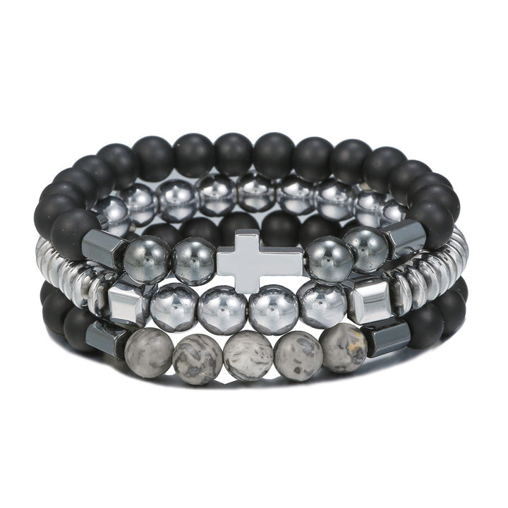Cross Charm Beaded Stack Bracelet Set Gothic Layered Wristband Trendy Streetwear Statement Hand Jewelry For Men