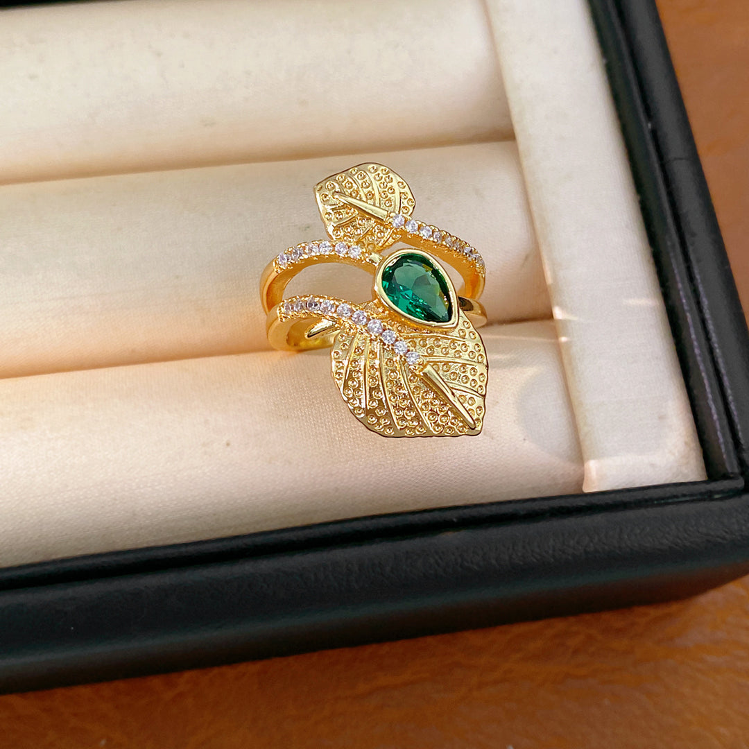 Emerald Green Pear Cut Leaf Open Ring Women Nature Inspired Adjustable Statement Ring Two Tone Jewelry