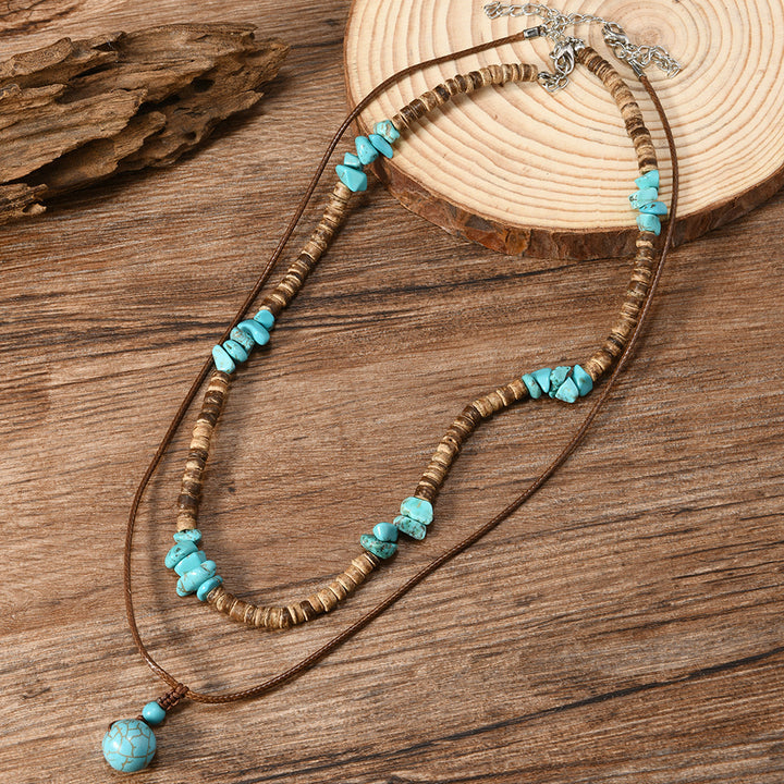 Men's Layered Beaded Necklace Natural Wood Turquoise Tiger Eye Leather Cord Pendant Necklace