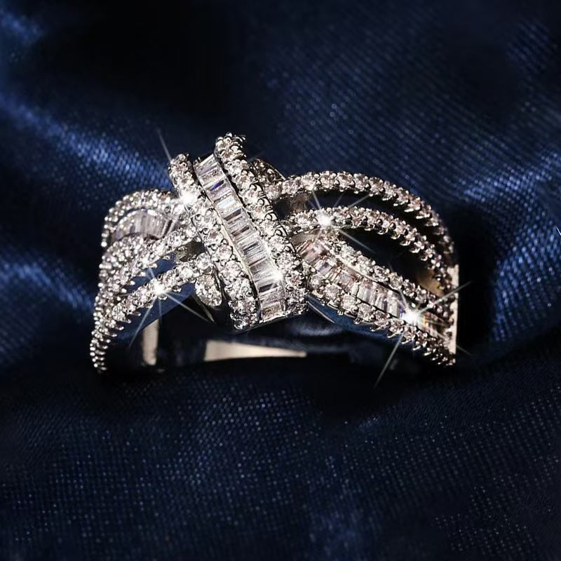Intertwined Knot Full‑Paved Ring, Women’s Band with Baguette Diamond Interweave Design