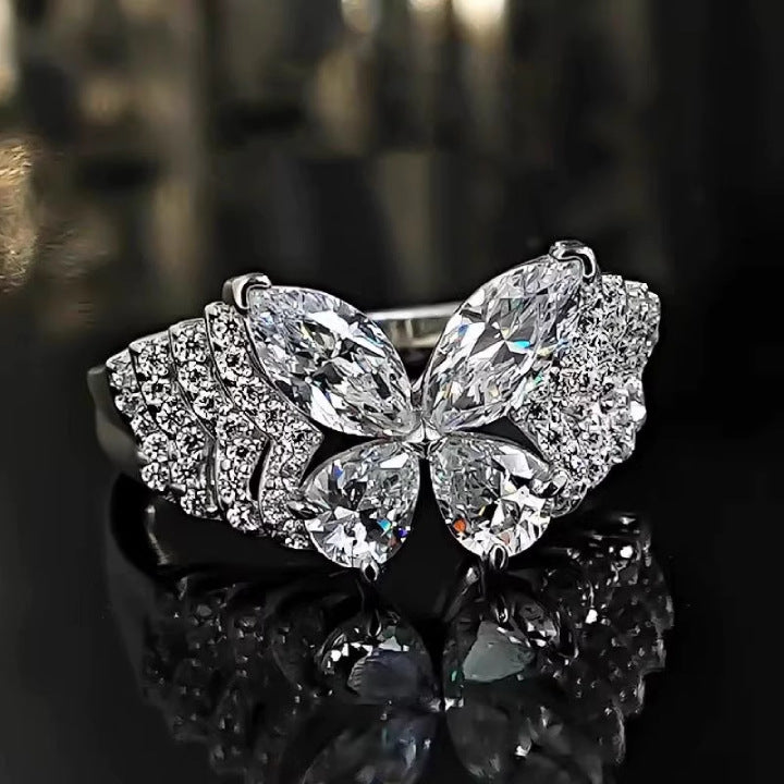 Butterfly Diamond Statement Ring Luxury Wide Band Cocktail Ring For Women Sparkling Fashion Jewelry