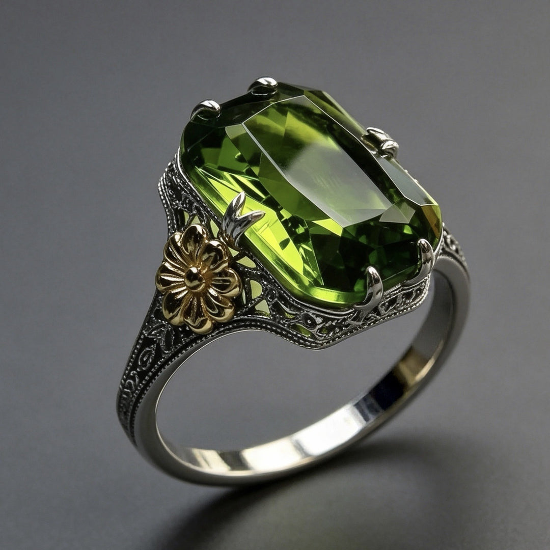 Vintage Emerald Cut Gemstone Flower Ring Women Art Deco Filigree Two Tone Statement Ring