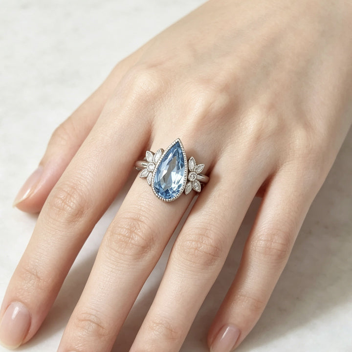 Teardrop Blue Diamond Ring Women Silver Flower Accent Sparkling Luxury Jewelry Gift