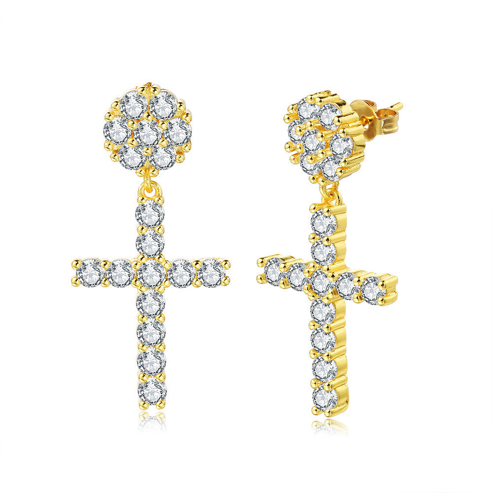 Paved Round Stone Cross Drop Earrings S925 Silver Post Luxury Women Diamond Earrings