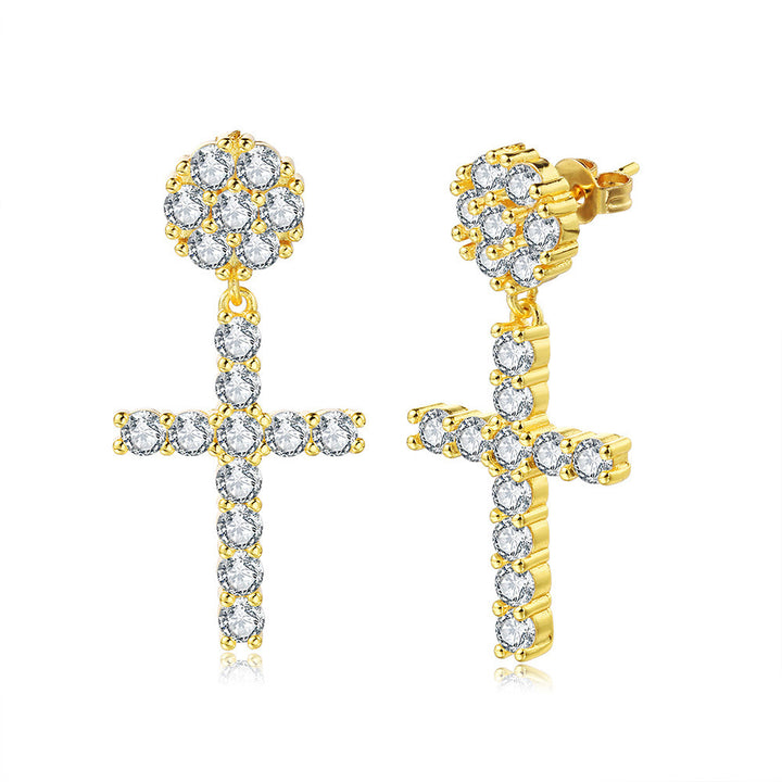 Paved Round Stone Cross Drop Earrings S925 Silver Post Luxury Women Diamond Earrings