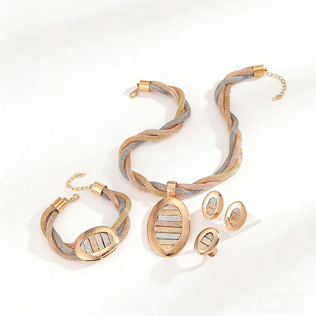 Tri‑Tone Braided Mesh Jewelry Set, Oval Pendant Necklace Bracelet Earrings Ring 4‑Piece Jewelry Kit