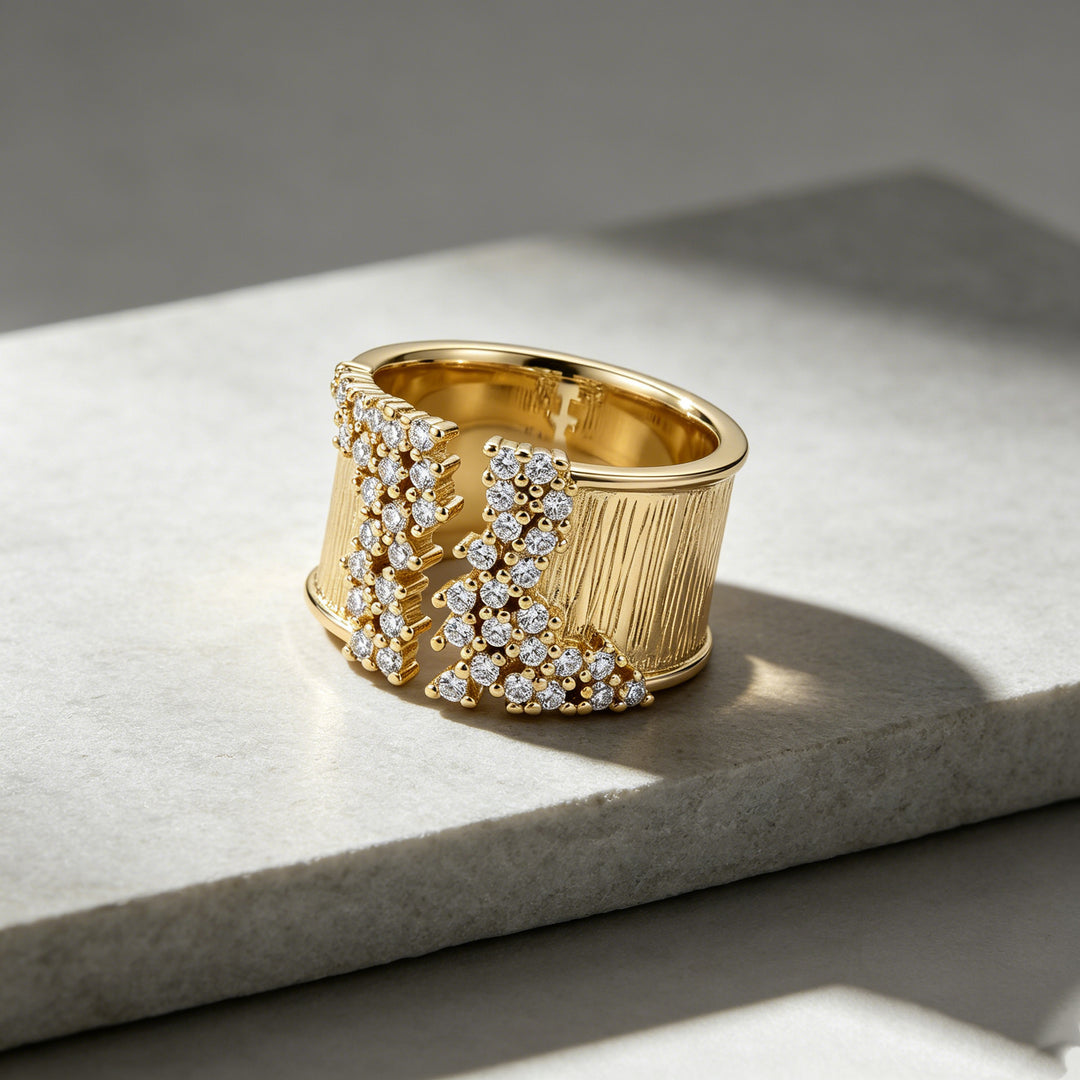 Wide Band Diamond Statement Ring Women Textured Open Cuff Bold Fashion Cocktail Ring