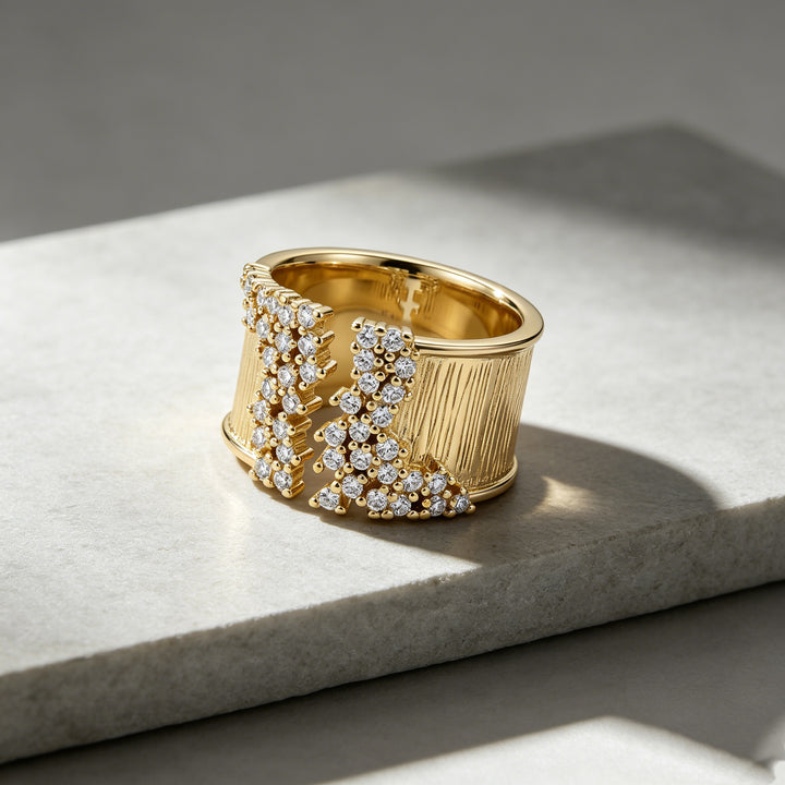 Wide Band Diamond Statement Ring Women Textured Open Cuff Bold Fashion Cocktail Ring