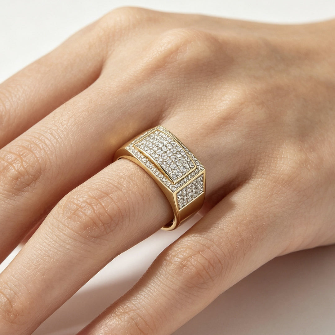 Full Paved Square Wide Band Men Ring Luxury Elegant Business Style Statement Rin